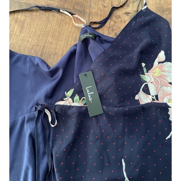 NWT Lulus Loiselle Navy Blue Floral Print Polka Dot Wrap Maxi Dress S M​​​​ - Picture 3 of 14
